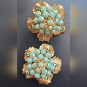 Mid Century Sea Foam Green Wired Faux Pearl Rhinestone Gold Tone Floral Earrings